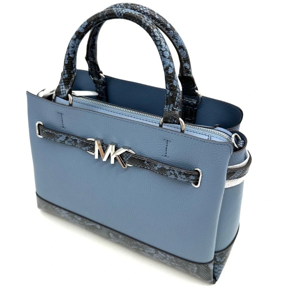 Michael Kors Large Reed Leather Belted Satchel Crossbody Bag Blue Snakeskin - Picture 6 of 12